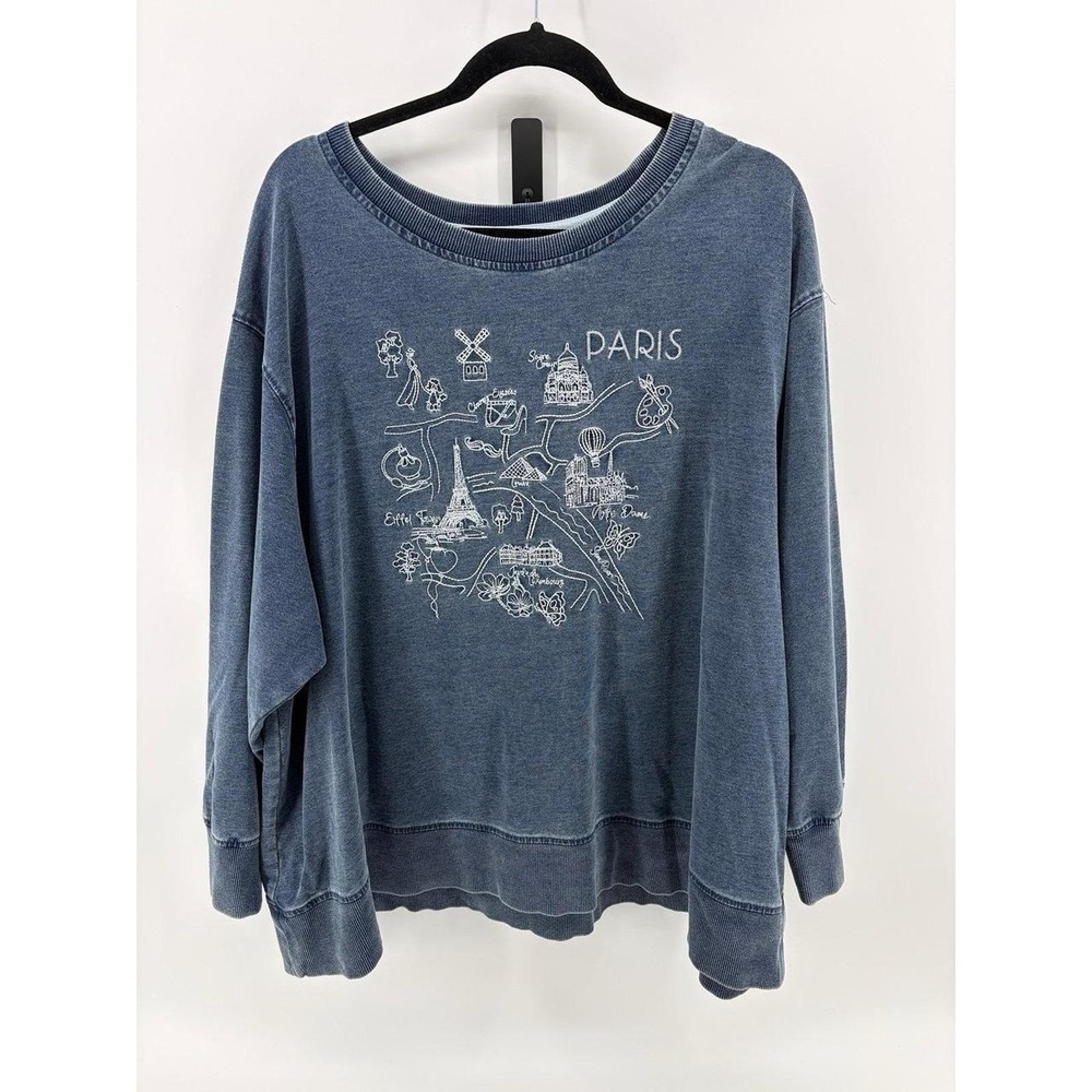 Jane + Delancey, Sweatshirt Knit Top Blouse Shirt Faded Navy Blue, Paris, 3X
